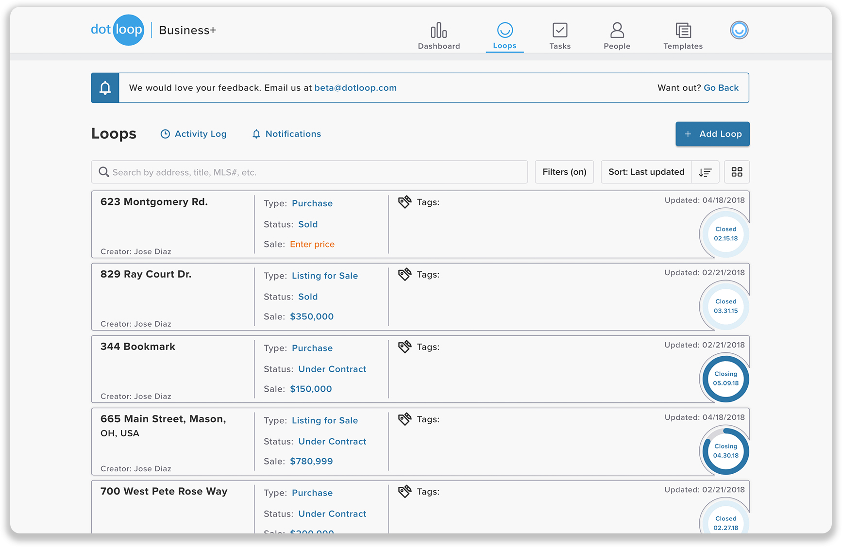 List View of transactions