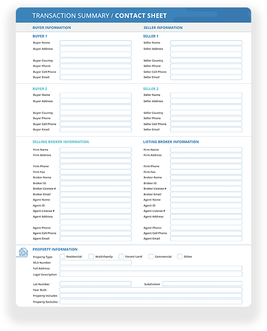 Real estate transaction summary sheet