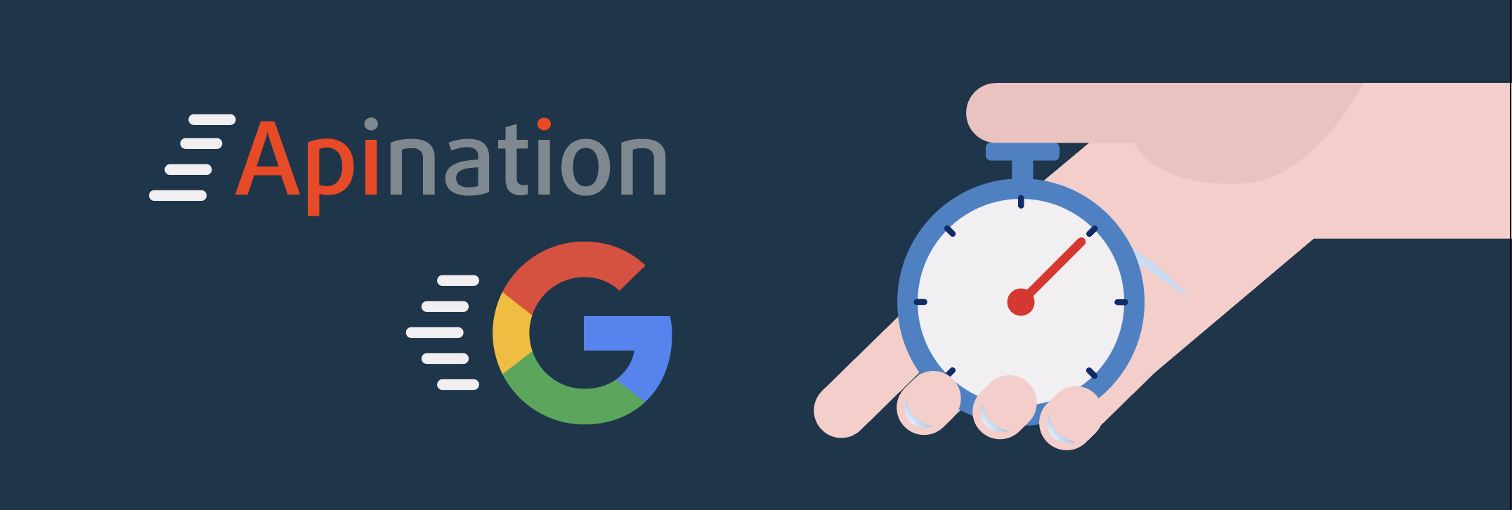 Illustration of API Nation and Google logos along with a hand holding a stopwatch