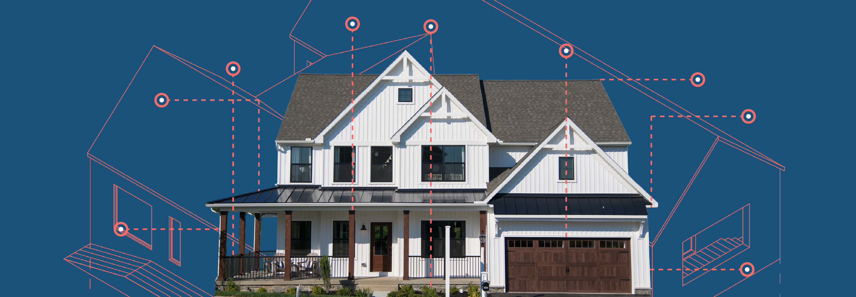 Illustration of a new home with call outs indicating key features and amenities