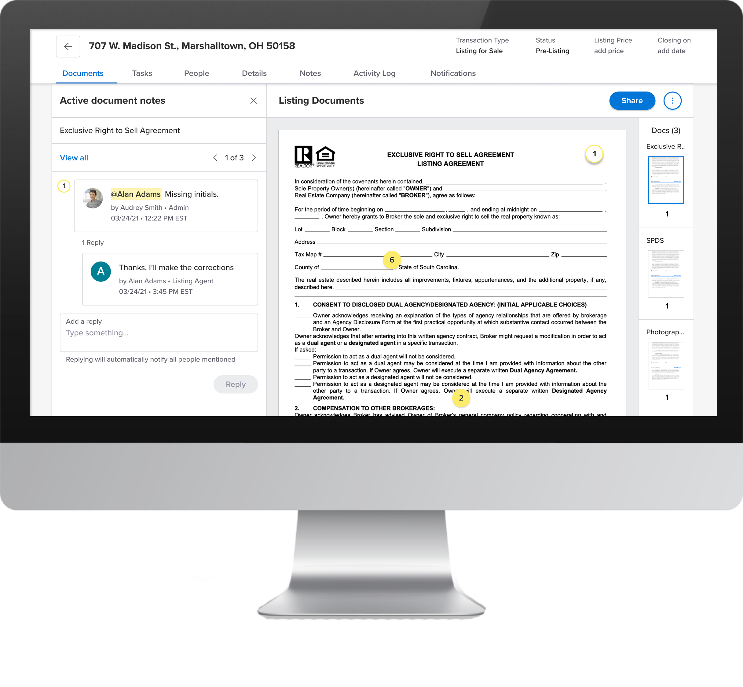 Real Estate Admins using dotloop can add sticky notes to documents during compliance review.